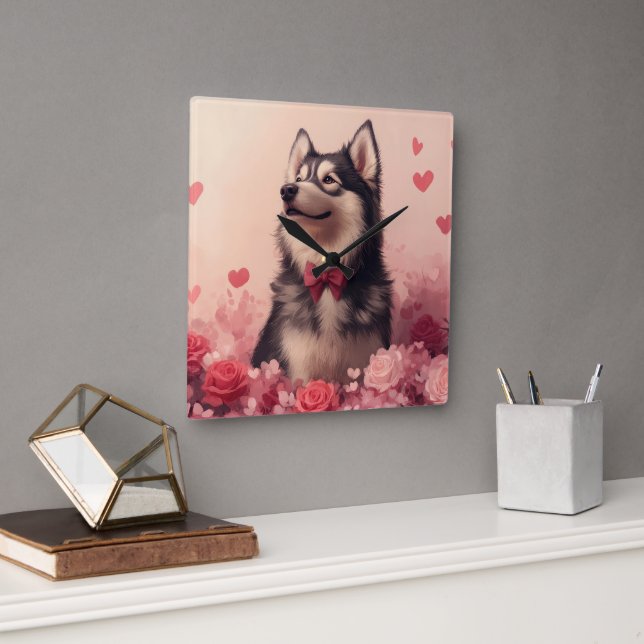 Alaskan Malamute with Roses - Valentine's Day  Square Wall Clock (Office)