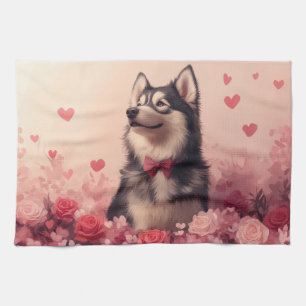 Alaskan Malamute with Roses - Valentine's Day  Tea Towel