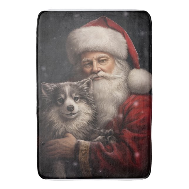 Alaskan Malamute with Santa Claus Christmas Bath Mat (Front Vertical)