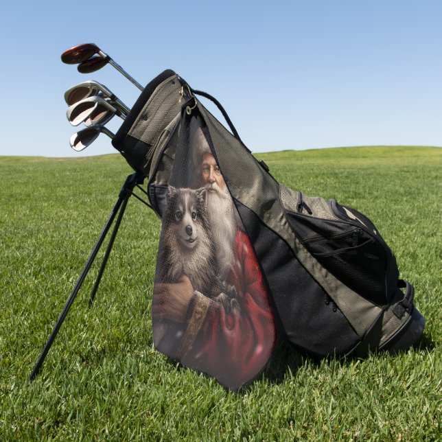 Alaskan Malamute with Santa Claus Christmas Golf Towel (Green)