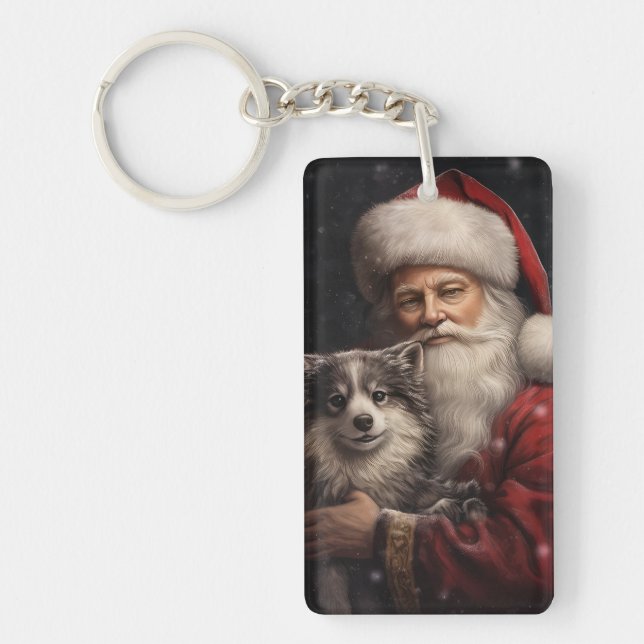Alaskan Malamute with Santa Claus Christmas Key Ring (Front)