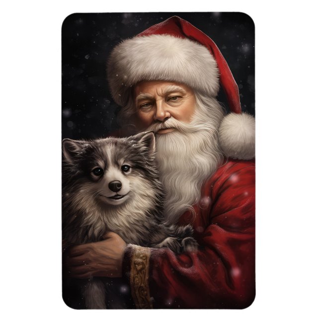 Alaskan Malamute with Santa Claus Christmas Magnet (Vertical)