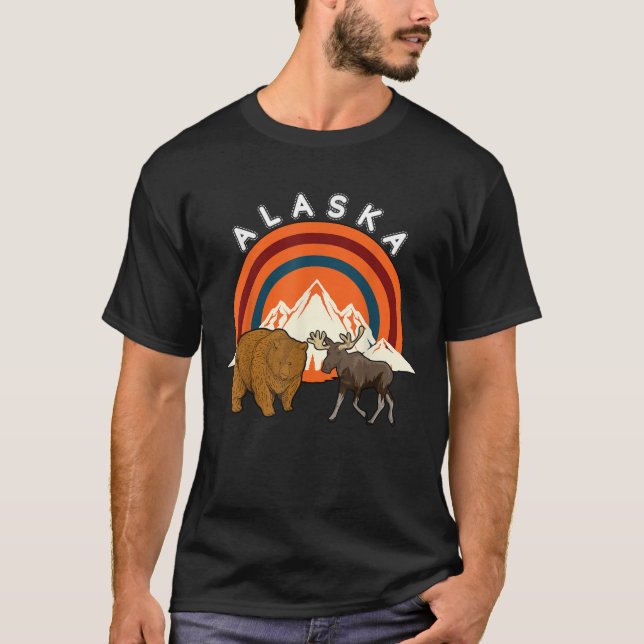 Alaskan Moose Bear Glacier Mountains Wildlife Retr T-Shirt (Front)