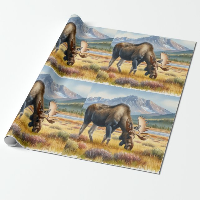 Alaskan Moose Digital Watercolor Wrapping Paper (Unrolled)
