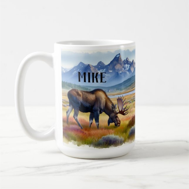 Alaskan Moose Personalised Watercolor Coffee Mug (Left)
