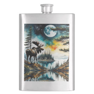 Alaskan Moose Standing on Mountain Ridge Hip Flask
