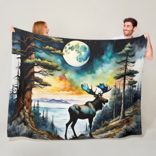 Alaskan Moose under the Moonlight Fleece Blanket