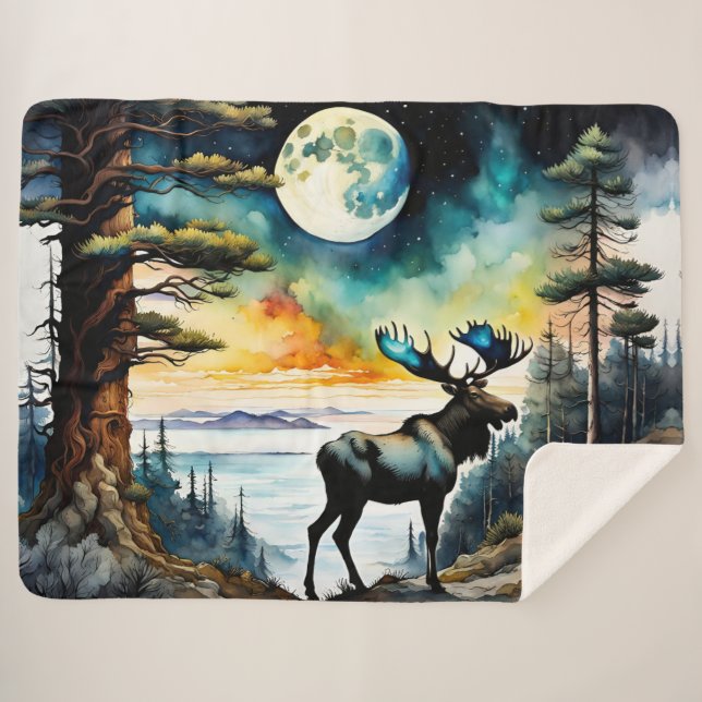 Alaskan Moose under the Moonlight Sherpa Blanket (Front (Horizontal))