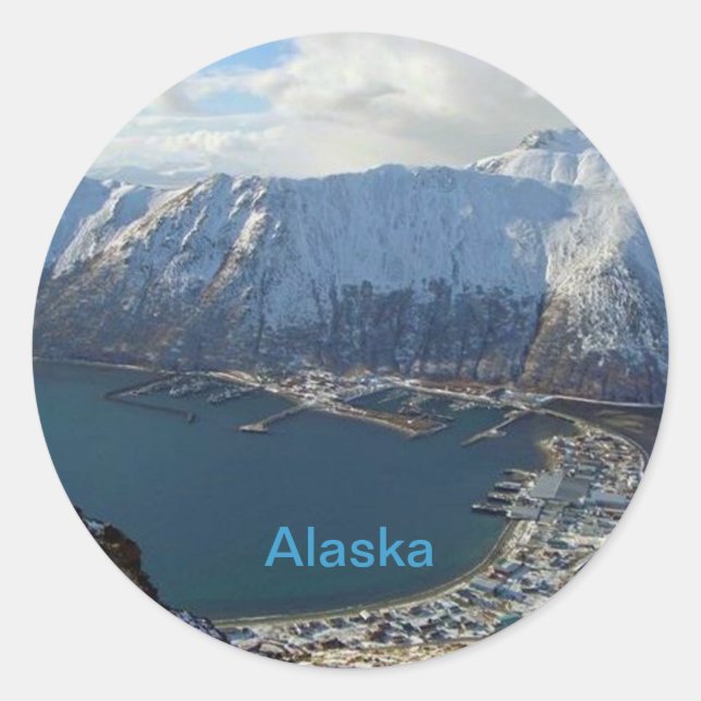 Alaskan Mountain Range and City Below Classic Round Sticker (Front)