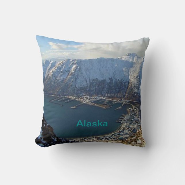Alaskan Mountain Range and City Below Cushion (Front)