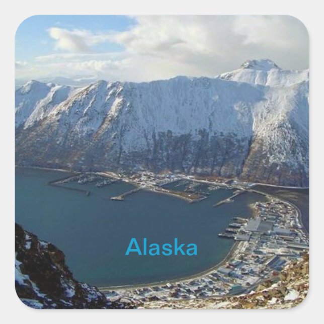 Alaskan Mountain Range and City Below Square Sticker (Front)