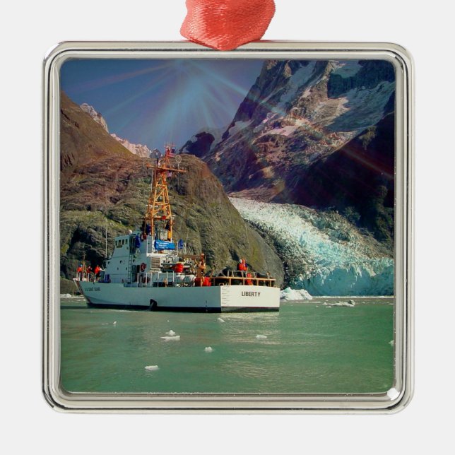 Alaskan Mountain View with Boat Metal Tree Decoration (Front)