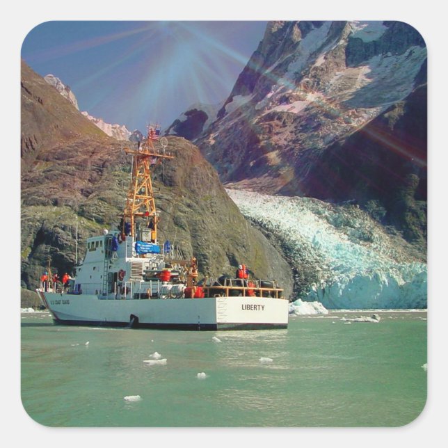 Alaskan Mountain View with Boat Square Sticker (Front)