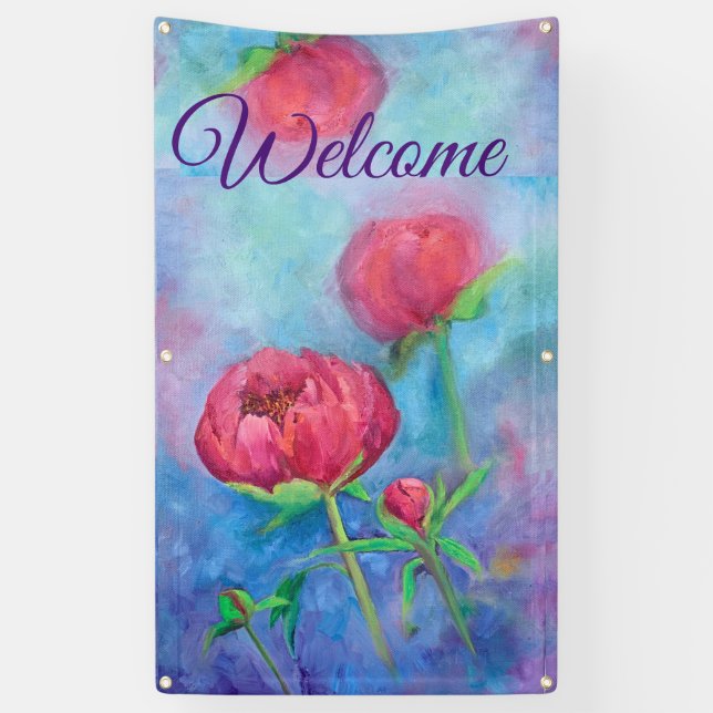 Alaskan Peonies "Welcome" outdoor banner  (Vertical)