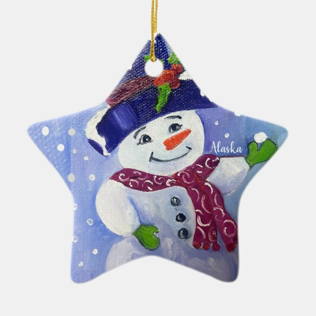 Alaskan Snowball Snowman ceramic ornament (Front)