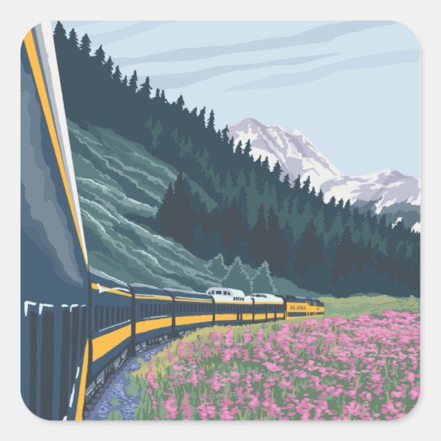 AlaskaRailroad and Fireweed Vintage Travel Square Sticker (Front)