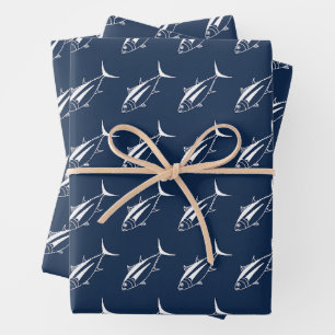 Albacore Tuna in White on Marine Blue in Large Wrapping Paper Sheet