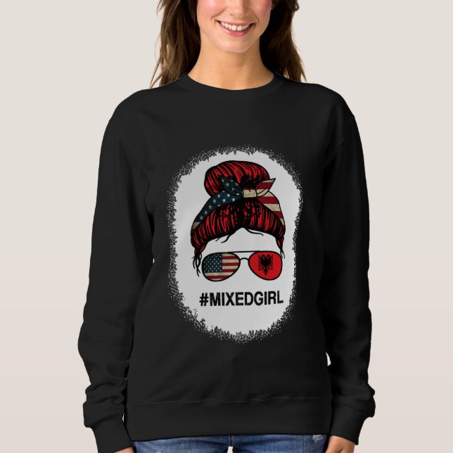 Albania American USA Flag - USA Albanian Messy Bun Sweatshirt (Front)