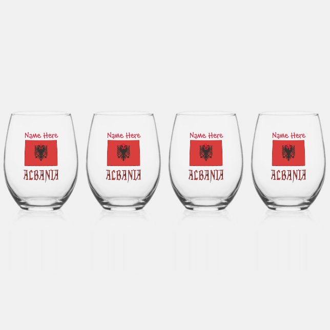 Albania and Albanian Flag Red Personalisation  Stemless Wine Glass (Front)