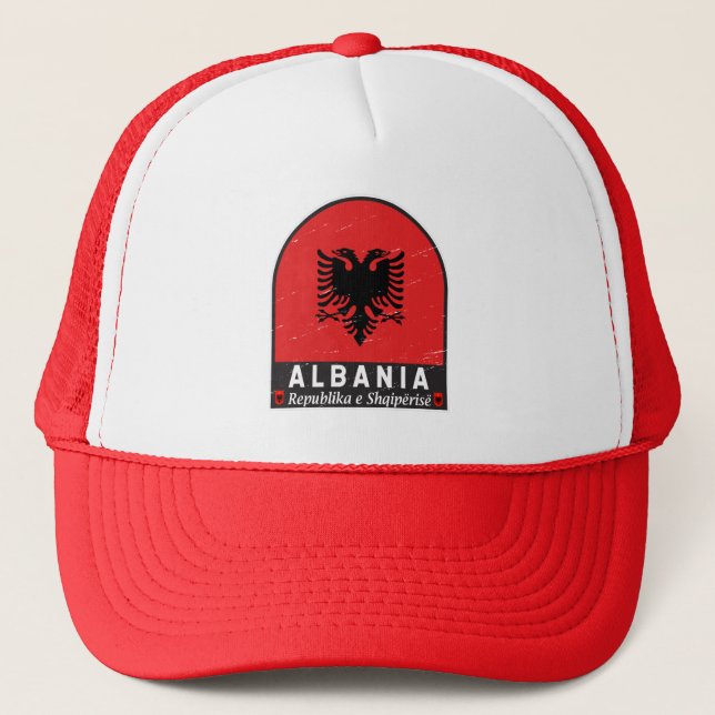 Albania Flag Emblem Distressed  Trucker Hat (Front)