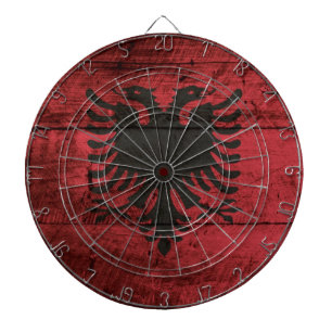 Albania Flag on Old Wood Grain Dartboard