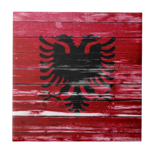 Albania Flag Paint on Wood Ceramic Tile