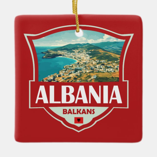 Albania Illustration Retro Badge Ceramic Ornament (Front)