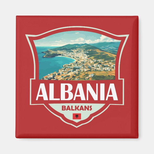 Albania Illustration Retro Badge Magnet (Front)