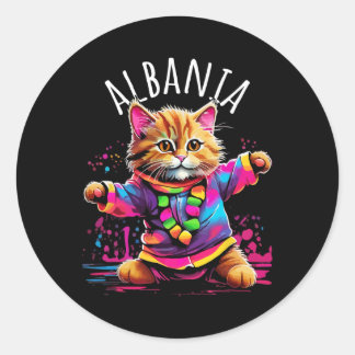 Albania Quirky Funny Cute Colourful Dancing Cat De Classic Round Sticker