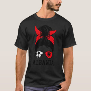 Albanian Soccer Girl Mum Messy Bun Albania Flag Fo T-Shirt