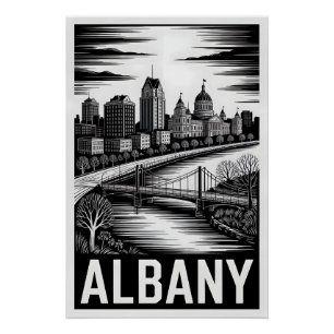 Albany New York Skyline Black White Woodcut Poster