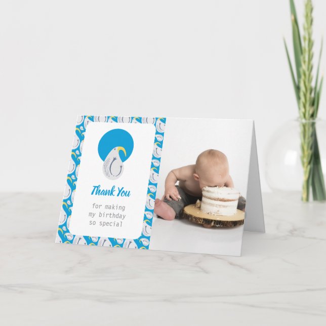 Albatross Blue and White Birthday Party Thank You Card (Front)