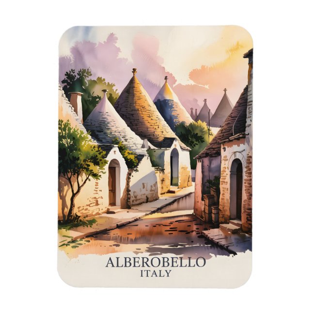 Alberobello Italy lTrulli Village Watercolor Retro Magnet (Vertical)