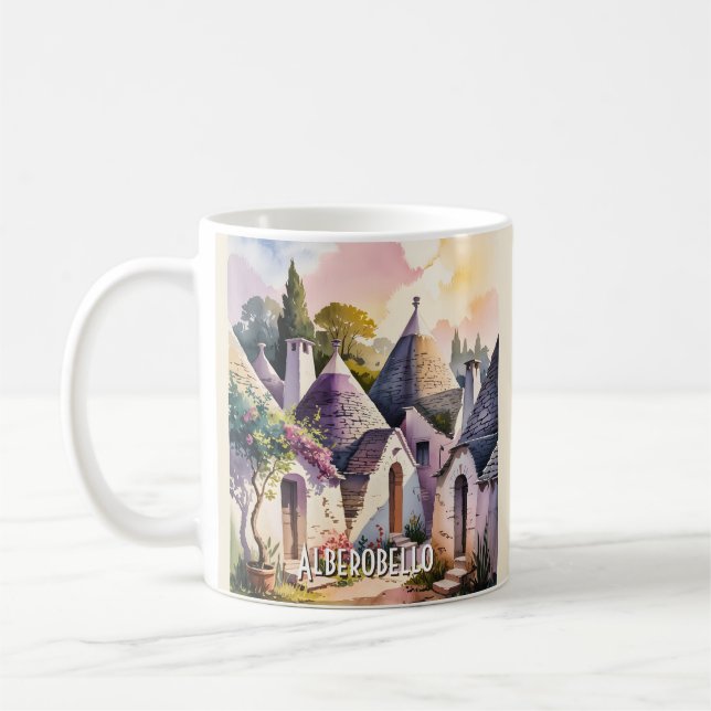 Alberobello Italy Trulli Watercolor Custom Text Coffee Mug (Left)