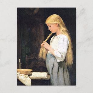 Albert Anker, Mädchen die Haare flechtend Postcard