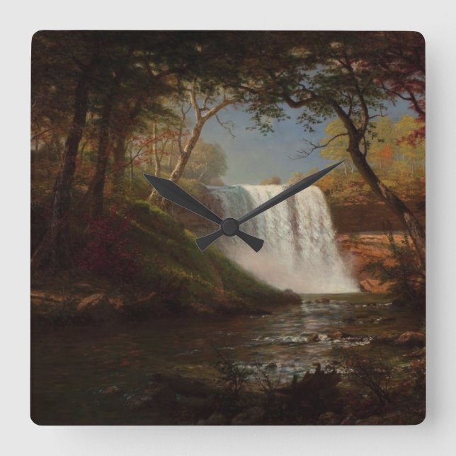 Albert Bierstadt Painting Forest Waterfall Destiny Square Wall Clock (Front)