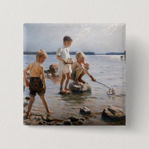 Albert Edelfelt - Boys Playing on the Shore 15 Cm Square Badge
