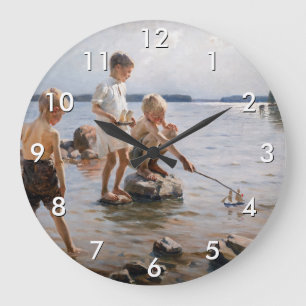 Albert Edelfelt - Boys Playing on the Shore Large Clock