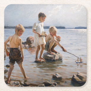 Albert Edelfelt - Boys Playing on the Shore Square Paper Coaster