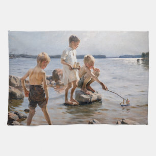 Albert Edelfelt - Boys Playing on the Shore Tea Towel