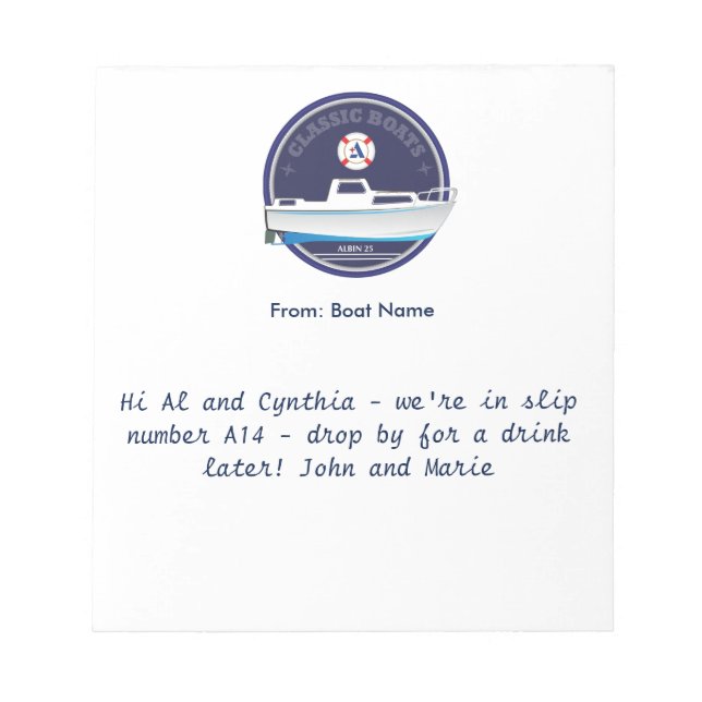 Albin 25 boat-to boat notepad (Front)
