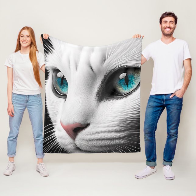 Albino White Cat Face Jewel Eyes Fleece Blanket (In Situ)