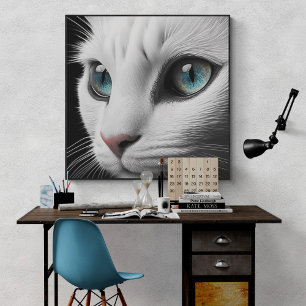 Albino White Cat Face Jewel Eyes Poster