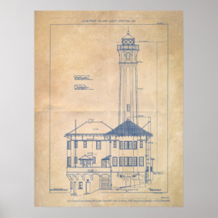 Alcatraz Island Lighthouse Blueprint Vintage Poster