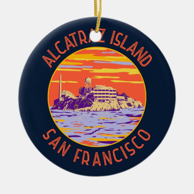 Alcatraz Island San Francisco Distressed Circle Ceramic Ornament (Front)