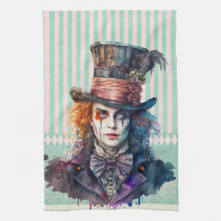 Alce in wonderland Mad hatter watercolour  Tea Towel