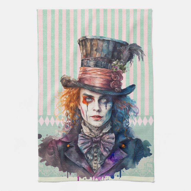Alce in wonderland Mad hatter watercolour  Tea Towel (Vertical)