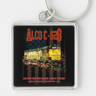 Alco C-628 Diesel Locomotive and American flag Key Ring