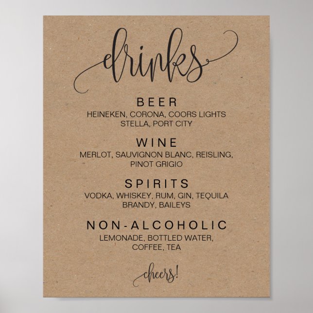 Alcohol Cocktail Drinks Bar Editable Wedding Sign (Front)