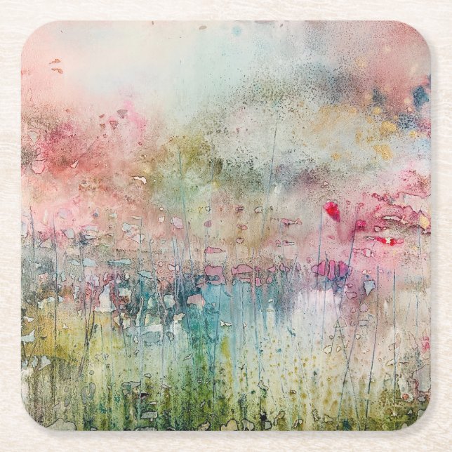 Alcohol Ink Abstract Floral  Square Paper Coaster (Front)